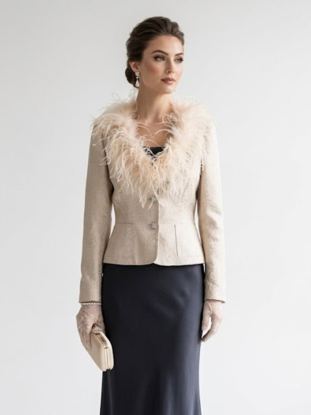 Victor Costa Feather Trim Brocade Jacket Ivory Champagne Embellished Size 8